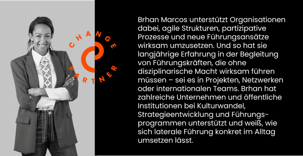 Brhan Marcos unterstützt Organisationen dabei, agile Strukturen, partizipative Prozesse und neue Führungsansätze wirksam umzusetzen. Und so hat sie langjährige Erfahrung in der Begleitung von Führungskräften, die ohne disziplinarische Macht wirksam führen müssen – sei es in Projekten, Netzwerken oder internationalen Teams. Brhan hat zahlreiche Unternehmen und öffentliche Institutionen bei Kulturwandel, Strategieentwicklung und Führungs-programmen unterstützt und weiß, wie sich laterale Führung konkret im Alltag umsetzen lässt.